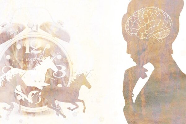 Illustration of a profile silhouette of a woman with a brain sketched inside her head, set next to a clock with running horses and unicorns in the foreground, representing concepts of time, thought, and imagination.