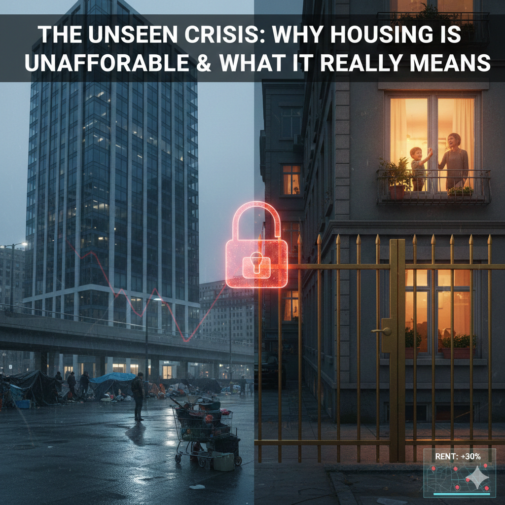 Split image showing homeless tents beneath dark high-rise buildings on the left and a warmly lit apartment with a family smiling behind a locked golden gate on the right, with a glowing red lock symbol in the center