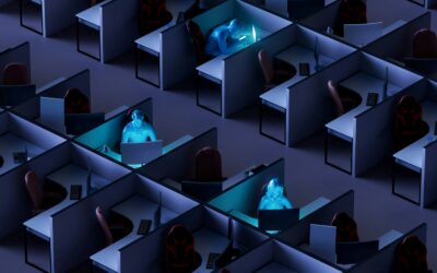 Dimly lit office with isolated workers, clearly overworked