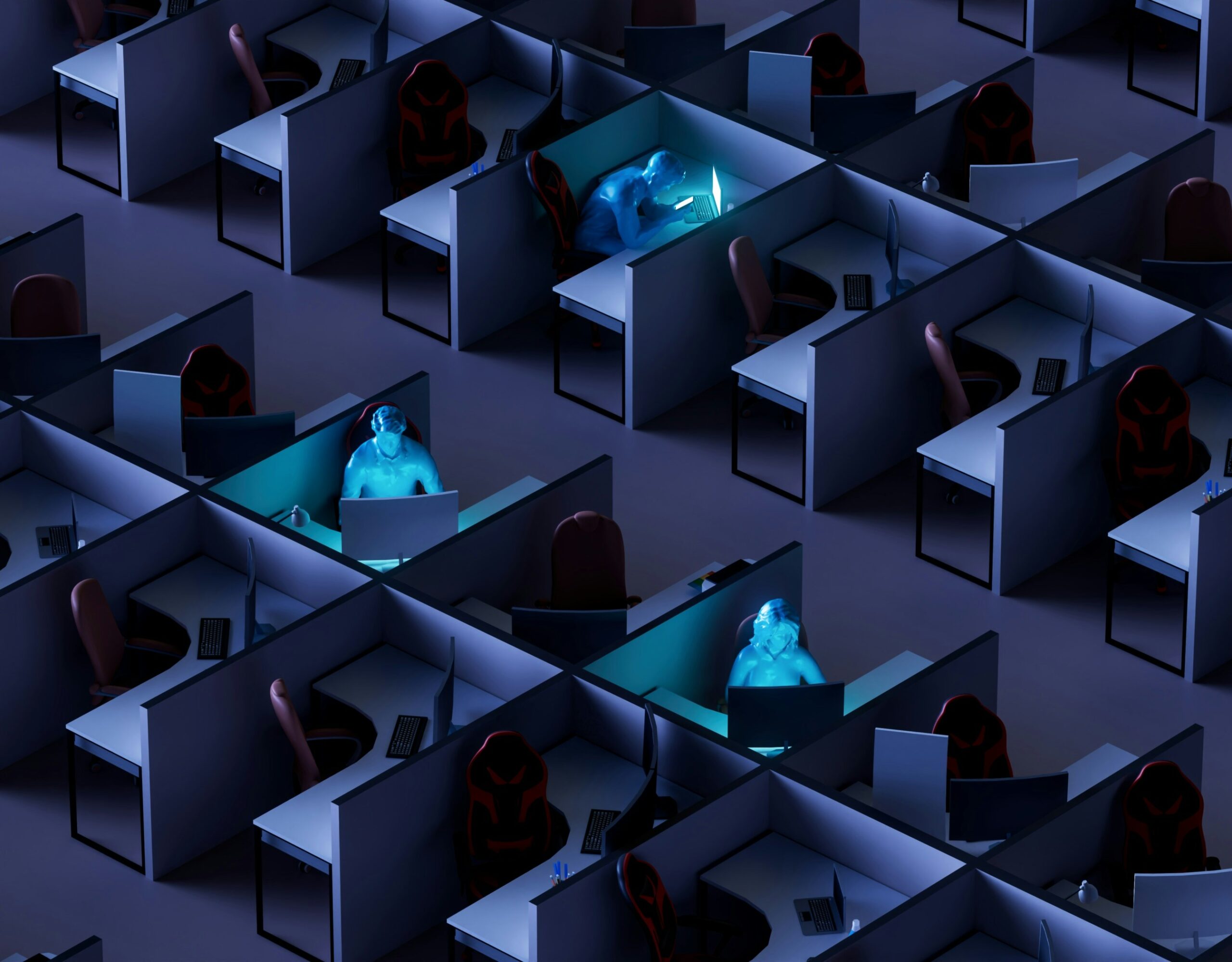 Dimly lit office with isolated workers, clearly overworked