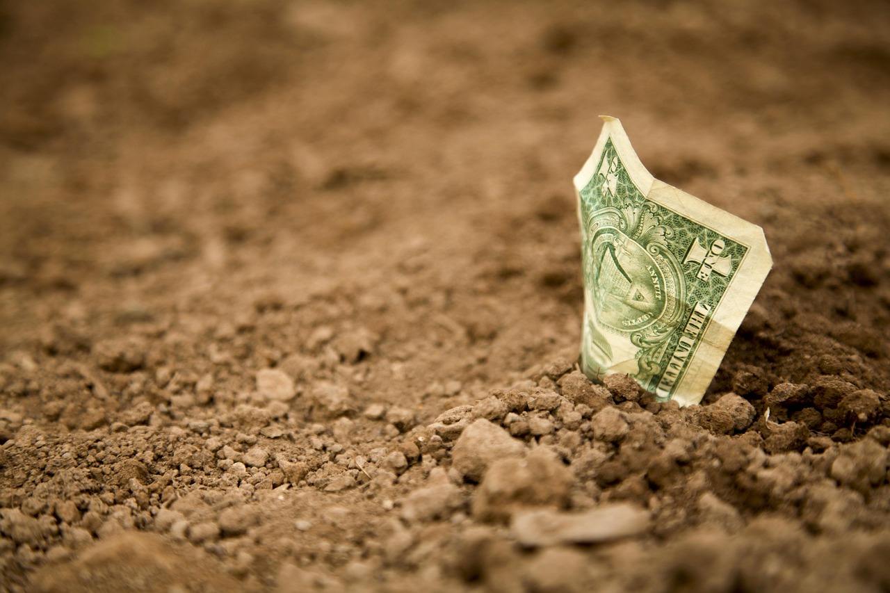 Dollar bill partially buried in soil, showing that shrinkflation is costing us.