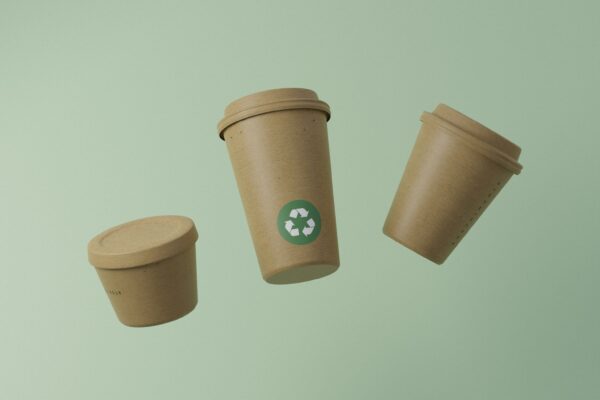 Three recyclable or biodegradable packaging coffee cups displayed