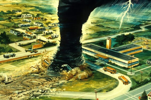 Weather Prediction becomes hard when weather is unstable. The image shows a storm ruining a small town.