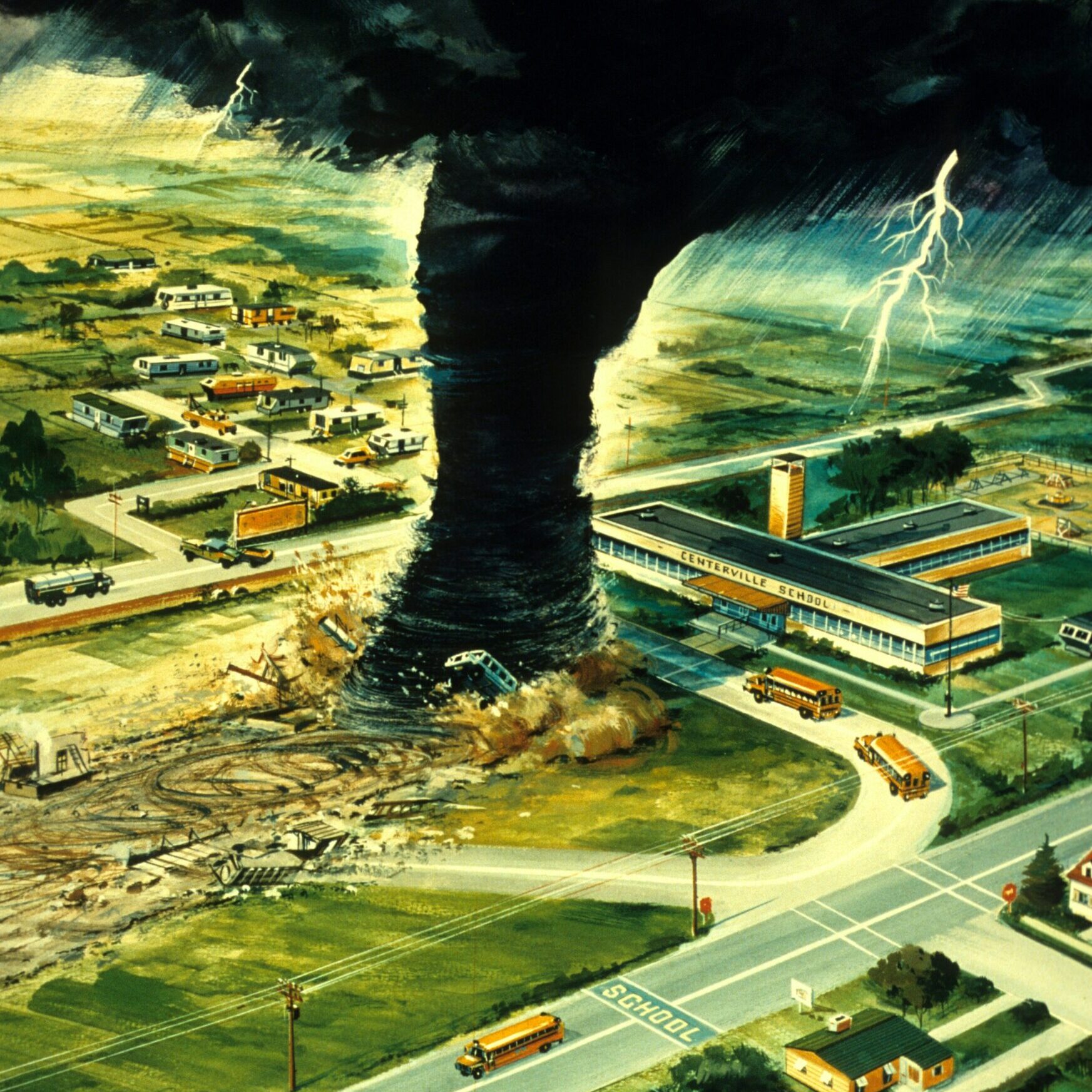 Weather Prediction becomes hard when weather is unstable. The image shows a storm ruining a small town.