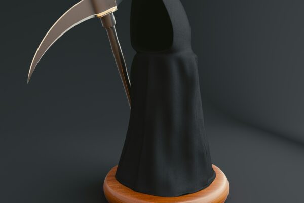 Black hooded figure, the grim reaper, or deaths with scythe