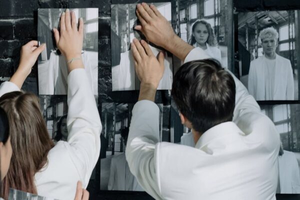Adults in white suits arranging black and white photos on a brick wall. Showing humans who might be replaceable.
