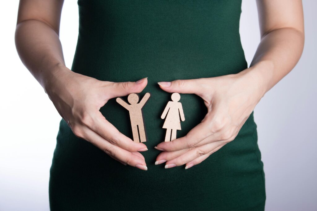 Close-up of a woman holding wooden gender cutouts, symbolizing gender and family concepts.