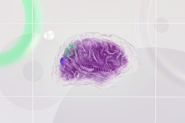 3D rendered abstract design featuring a digital brain visual with vibrant colors.