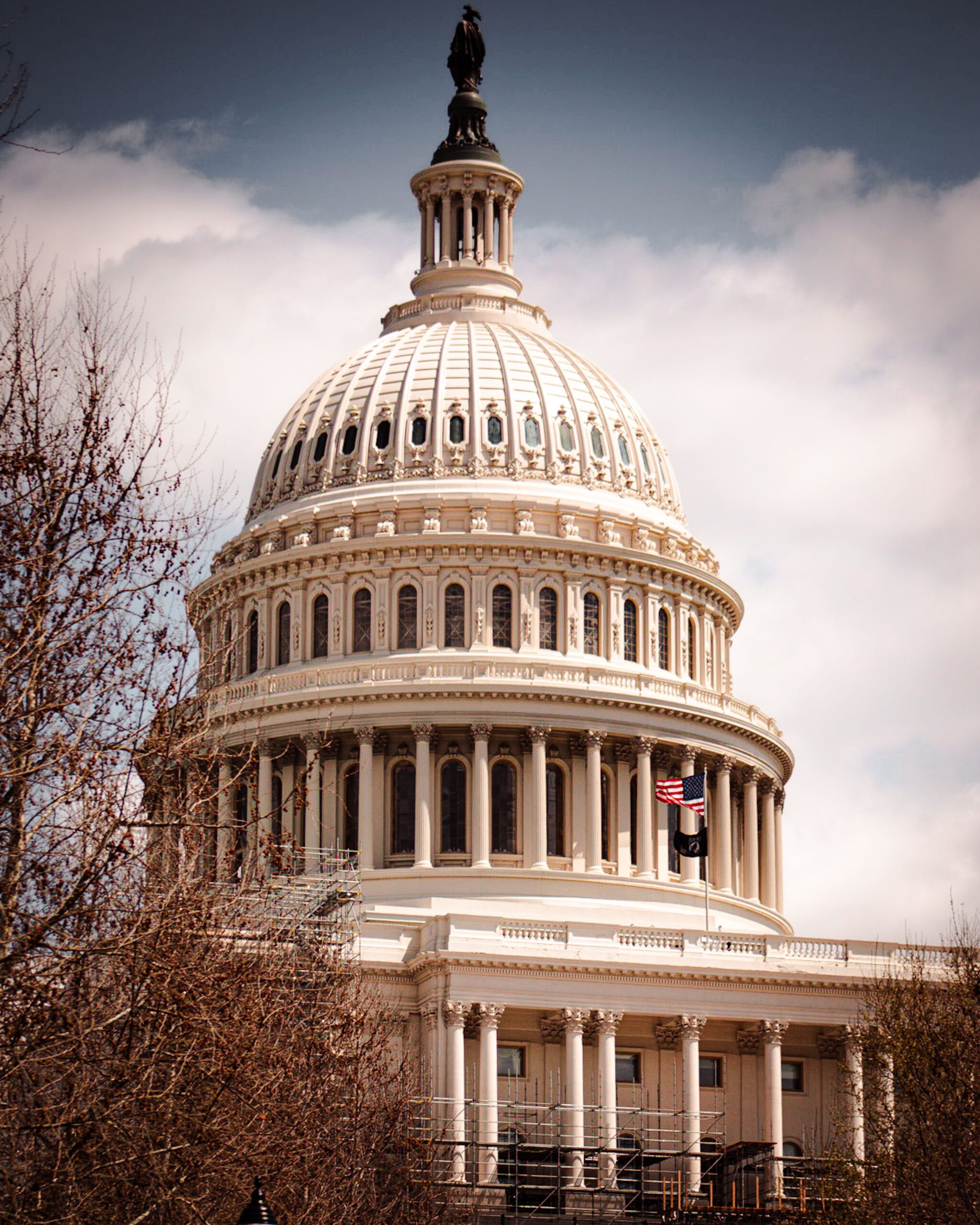A vertical shot of the US Capitol Building dome in Washington DC, a historic landmark.