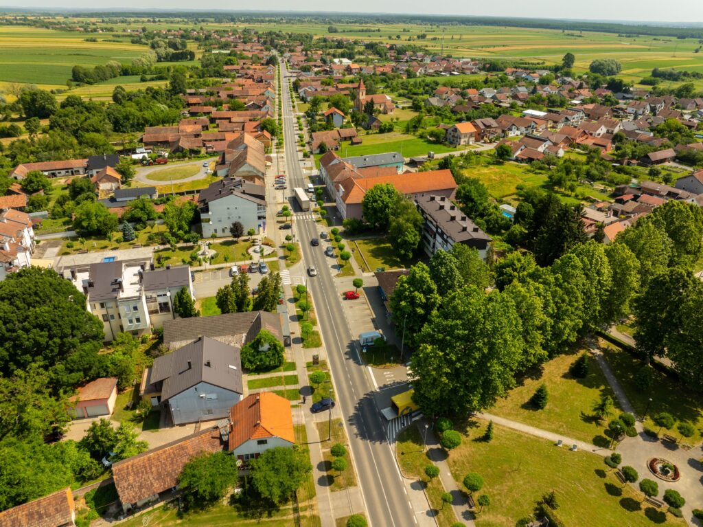 Aerial view of the picturesque town of Hercegovac, Croatia, on a sunny day. But it could be any local town.