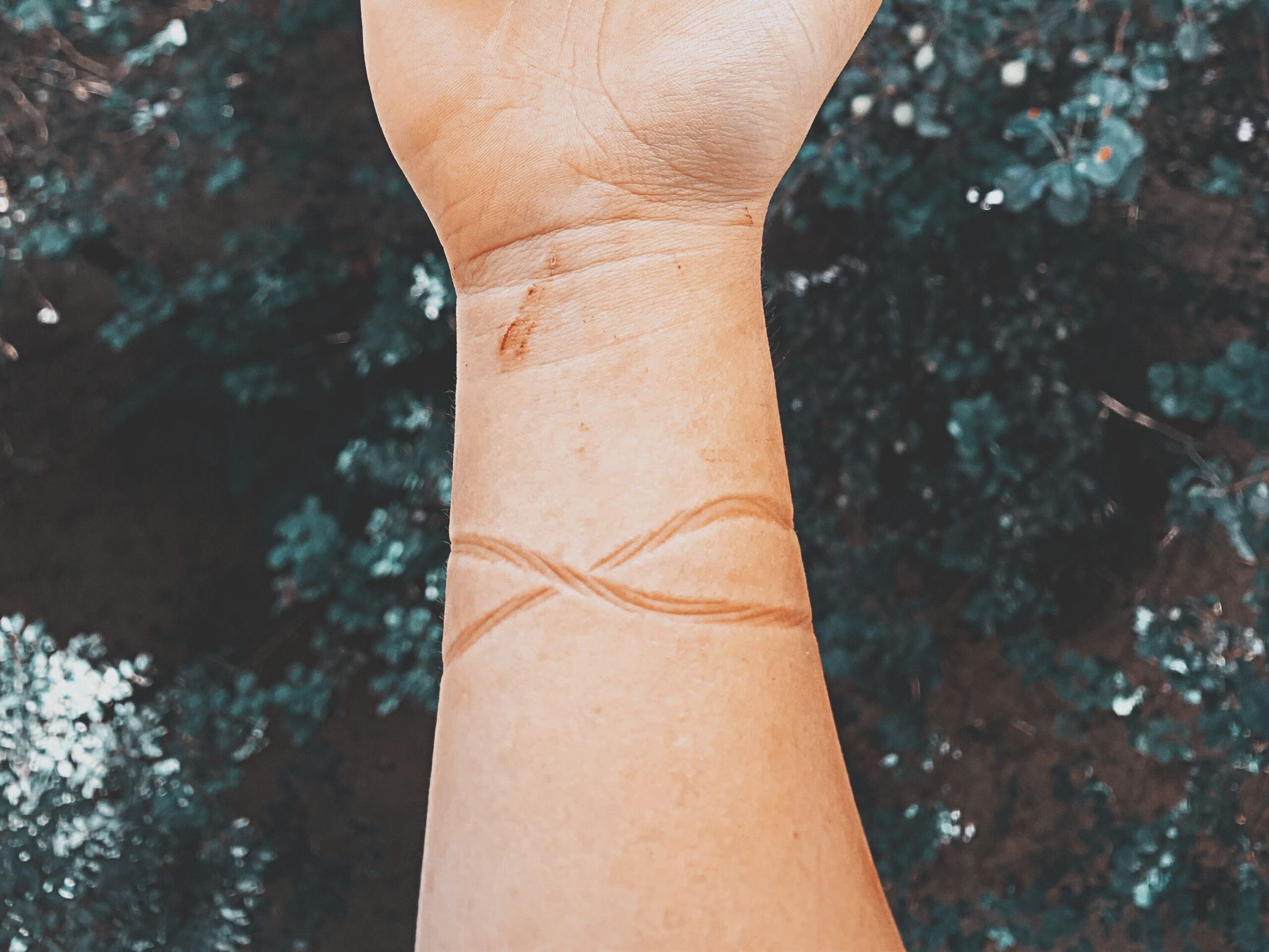 A human hand reaching up against a lush green backdrop in nature, symbolizing growth and connection.